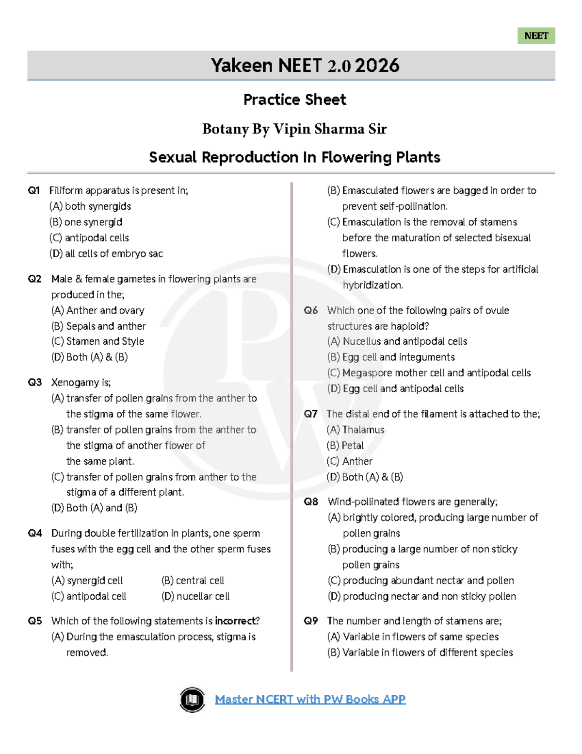 NEET 2.0 2026 Practice Sheet: Sexual Reproduction in Flowering Plants ...