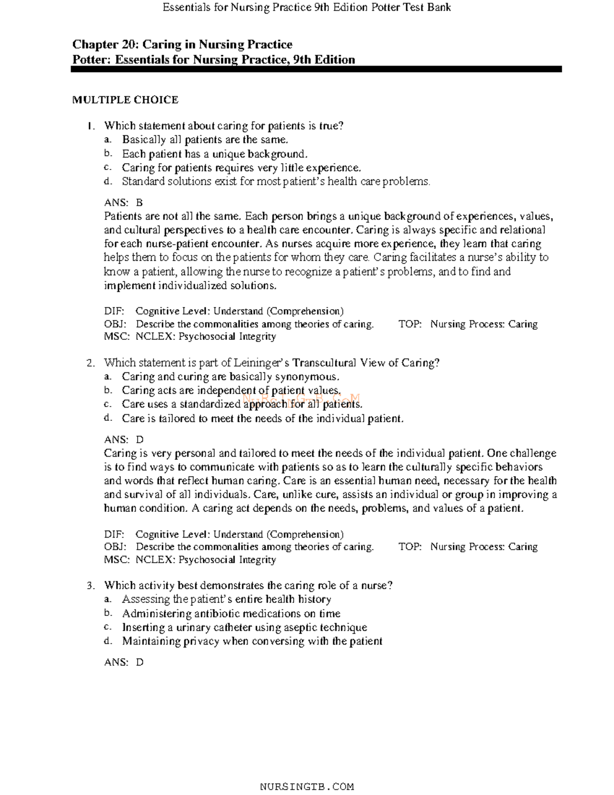 Essentials for Nursing Practice 9th Edition Potter Test Bank: Chapter ...