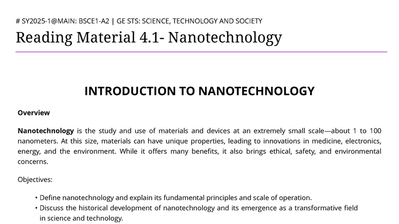 GE STS: SCIENCE, TECHNOLOGY AND SOCIETY Nanotechnology Overview and ...