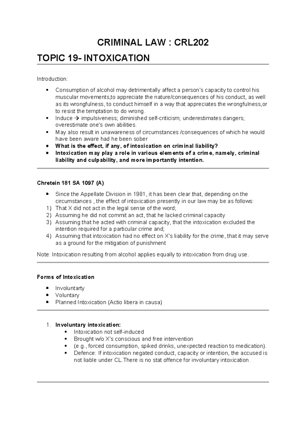 CRL202 Final Exam Notes: Intoxication in Criminal Law - Studocu