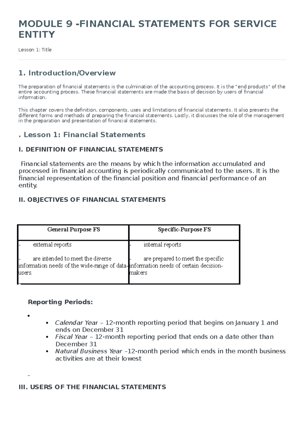 Module 9: Financial Statements for Service Entities - Overview & Key ...