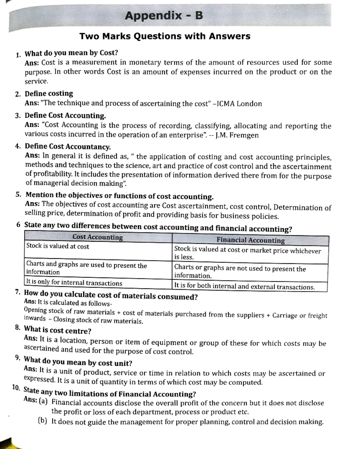 Cost Accounting Notes - Appendix B Two Marks Questions with Answers 1 ...
