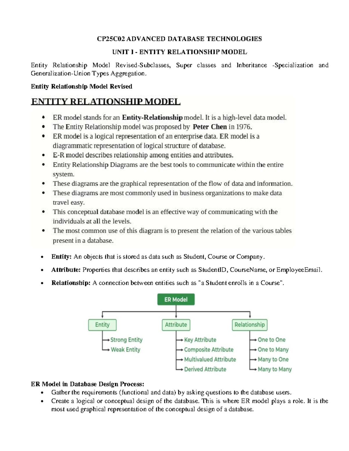 CP25C02 Advanced Database Technologies: Unit I ER Model & Aggregation ...