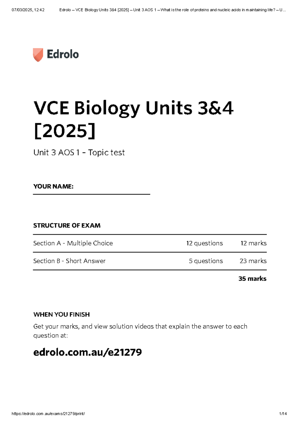 VCE Biology Unit 3 AOS 1: Role of Proteins & Nucleic Acids - Topic Test ...