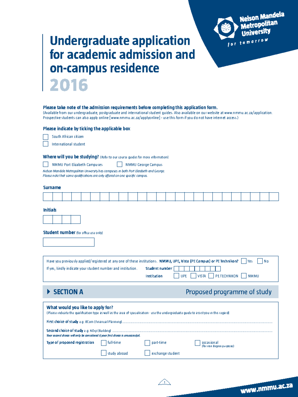 NMMU Undergraduate Application for Academic Admission 2016 - Studocu