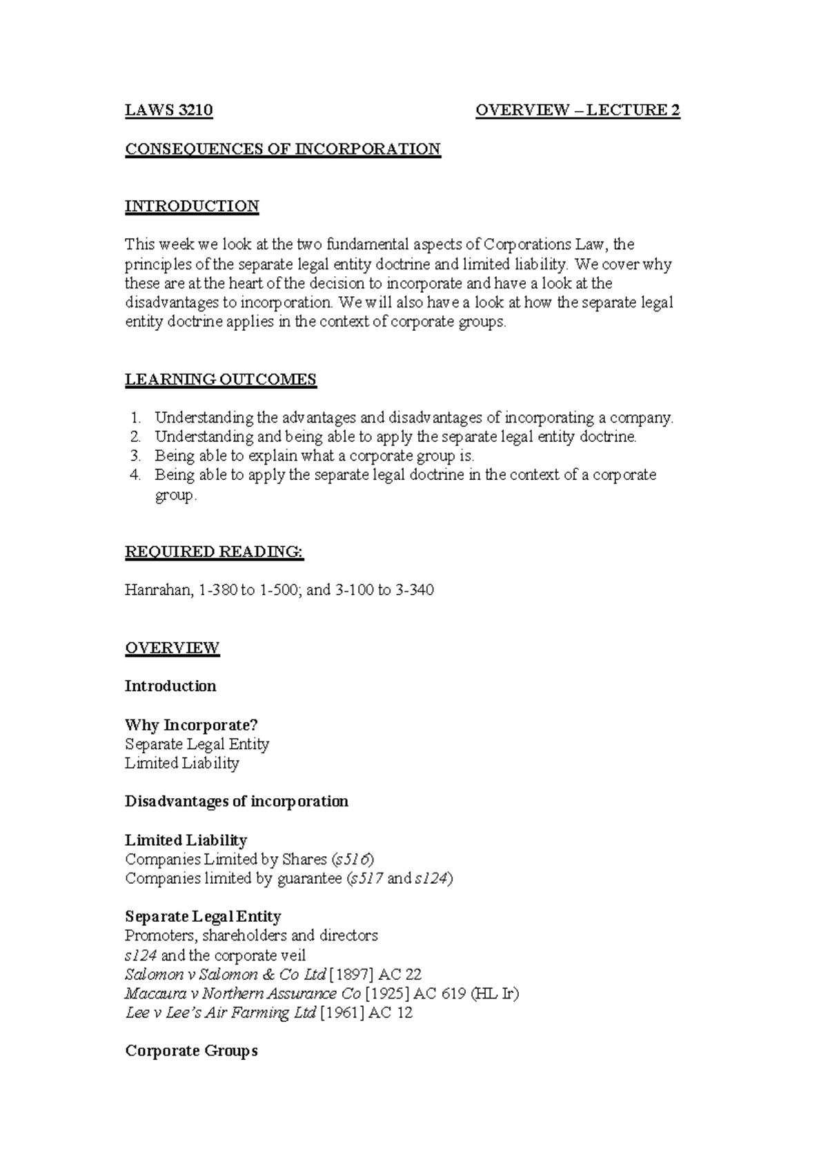 Overview - Week 2 - Week 2 Lecture Notes - LAWS 3210 OVERVIEW – LECTURE ...