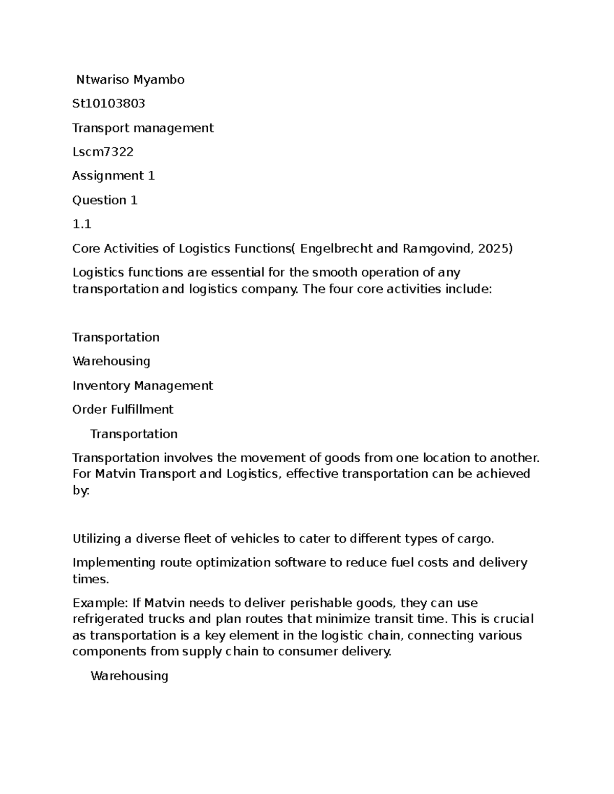 Transportation Management LSCM7322 Assignment 1: Core Logistics ...