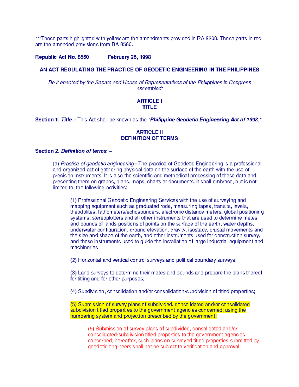 RA 9200 & RA 8560 Amendments: Geodetic Engineering Act Overview - Studocu