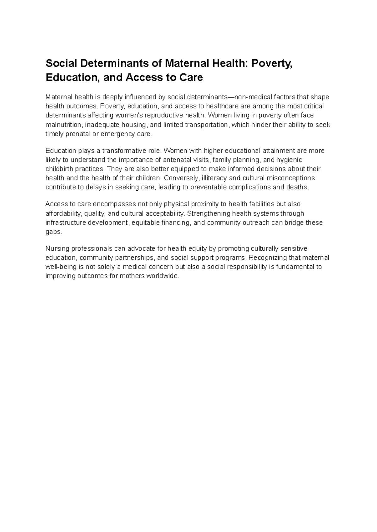 SOC 101: Social Determinants of Maternal Health - Key Factors - Studocu