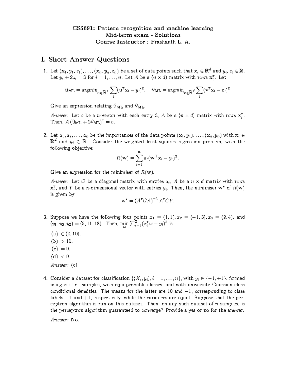 CS5691 Midterm Exam Solutions - Pattern Recognition & ML - Studocu