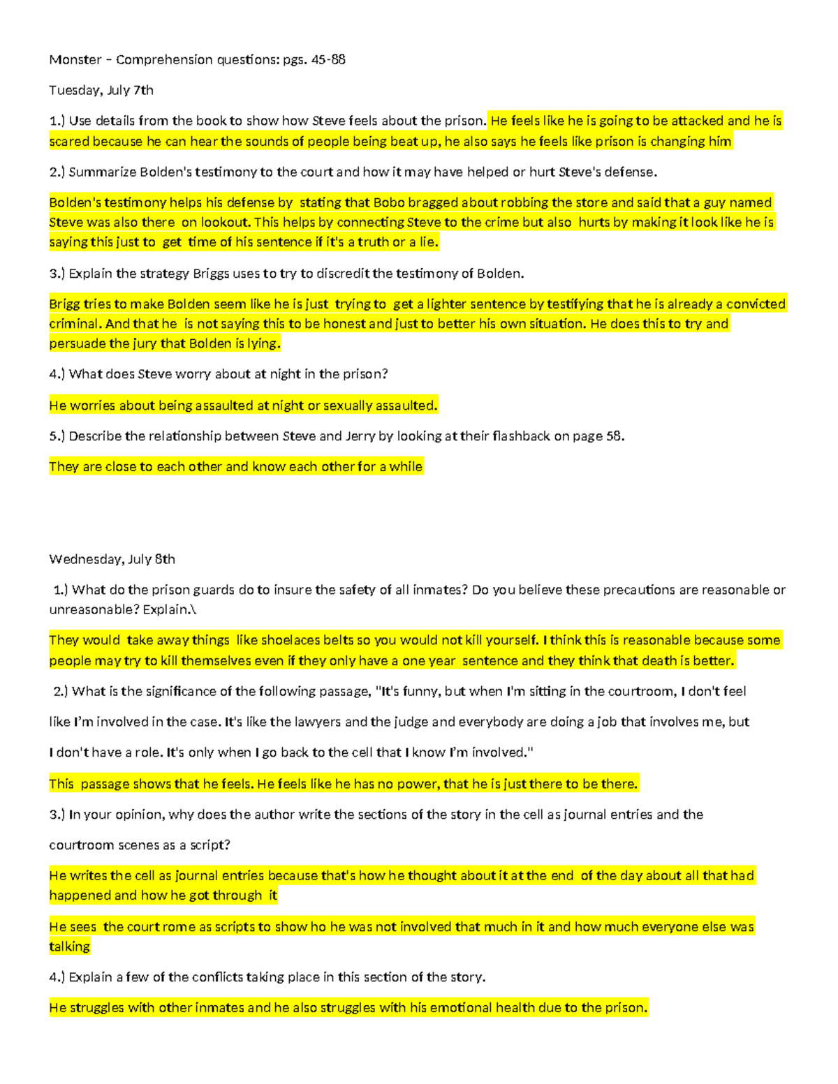 Monster (COURSE CODE) Comprehension Questions: Pgs 45-88 Analysis - Studocu