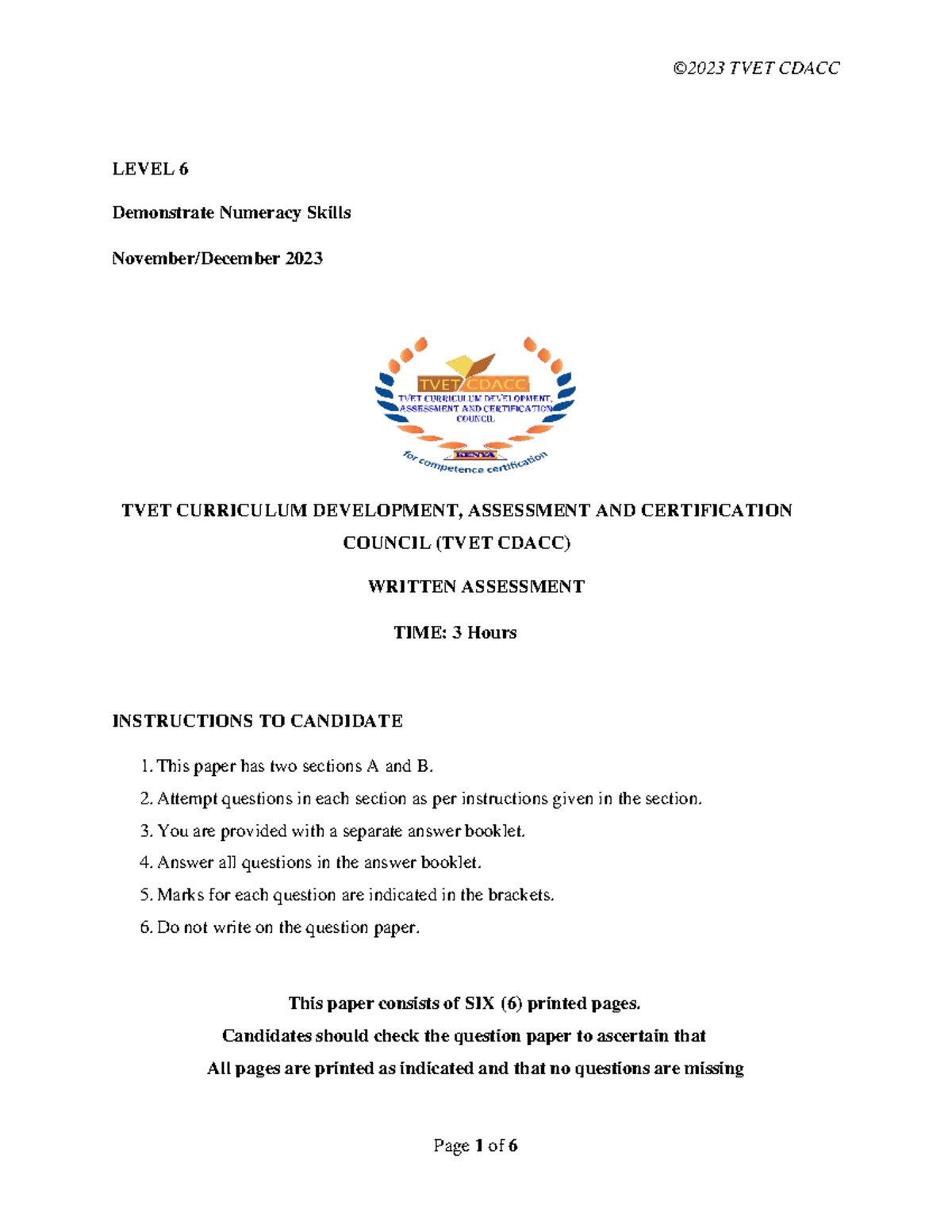TVET CDACC LEVEL 6 Numeracy Skills Written Assessment 2023 - Studocu