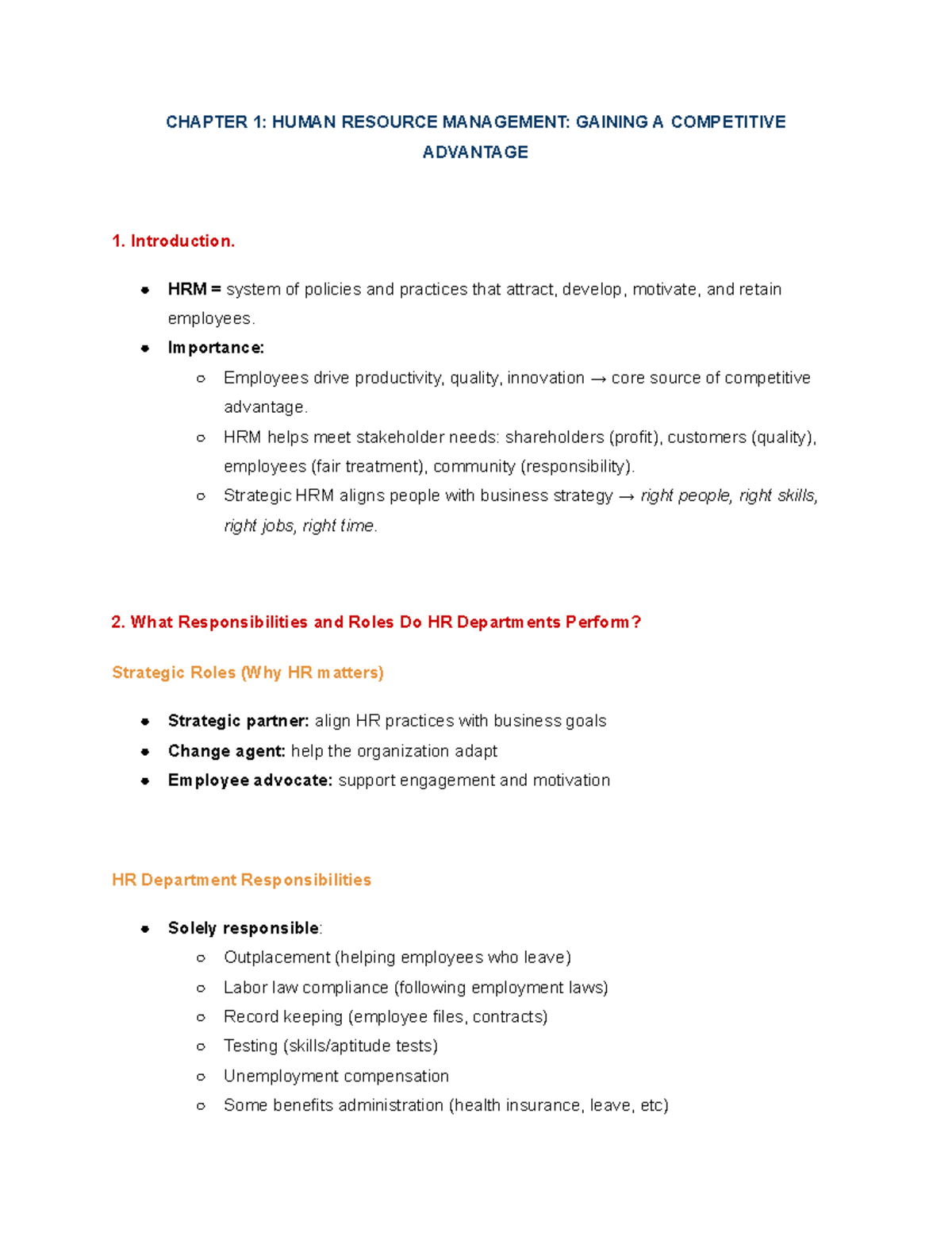 HRM 101: Chapter 1 & 2 Revision Notes on Strategic Management - Studocu