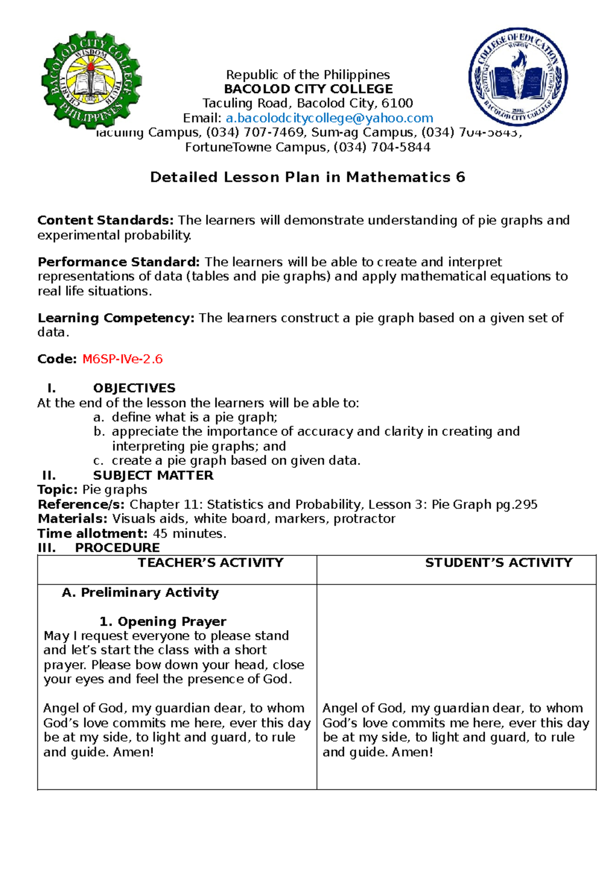 Lesson Plan: Creating Pie Graphs in Math 6 (Code: M6SP-IVe-2) - Studocu