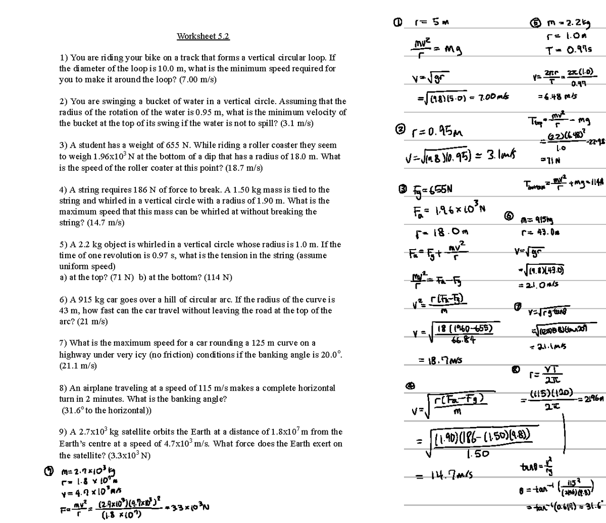 Circular Motion - AP Worksheet #2: Minimum Speeds & Forces - Studocu
