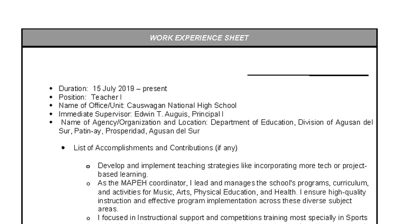 Annex H-2: Work Experience Sheet for Teacher I Position - Studocu