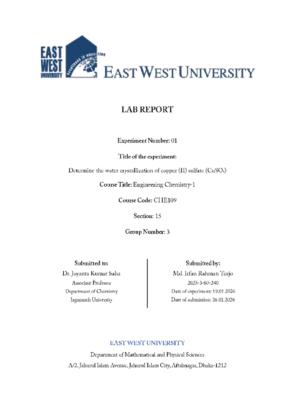 Chem Lab Report Cover (Ex-1) - LAB REPORT Experiment N umber: 01 Title ...