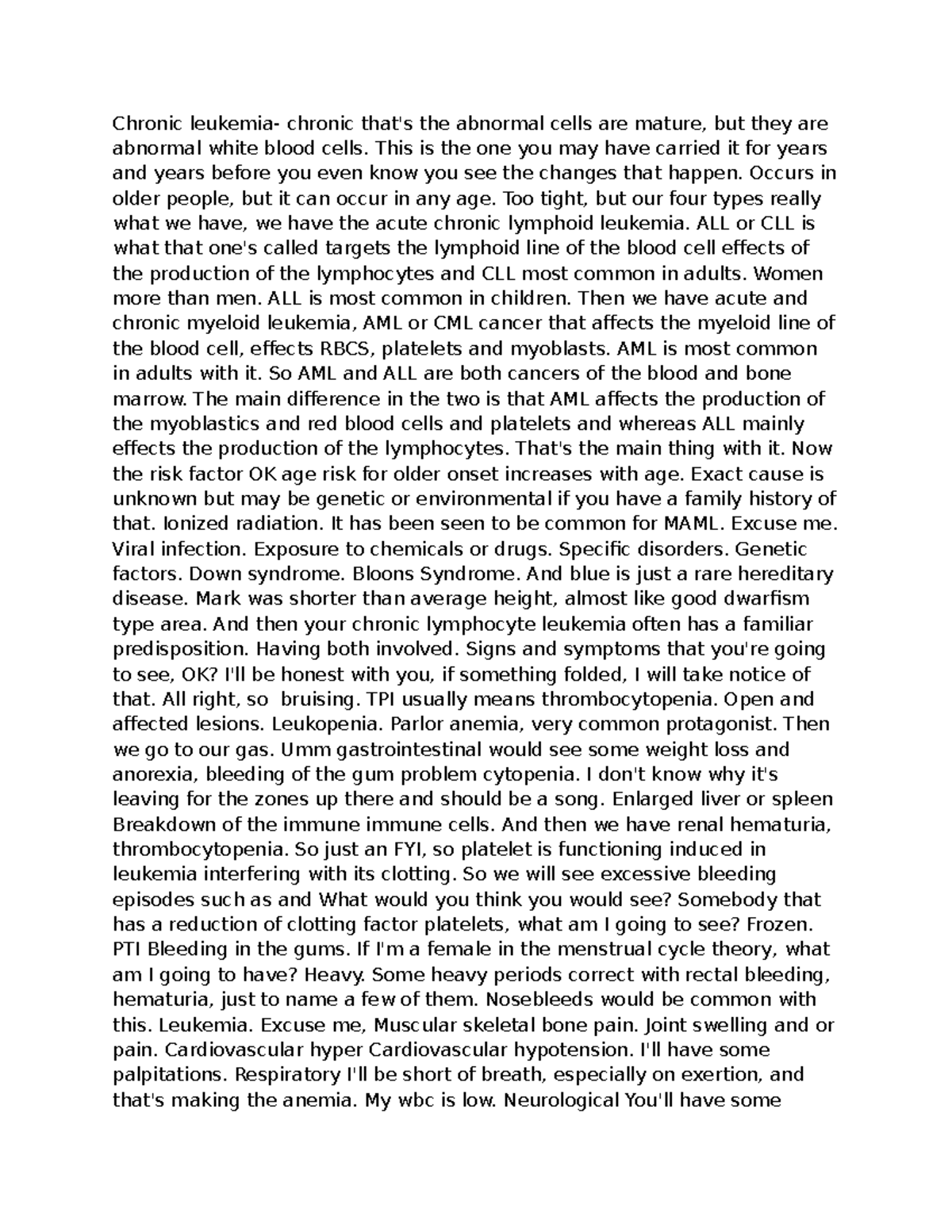 Chronic Leukemia Overview - MDC3 Lecture Notes Mod 7 - Studocu