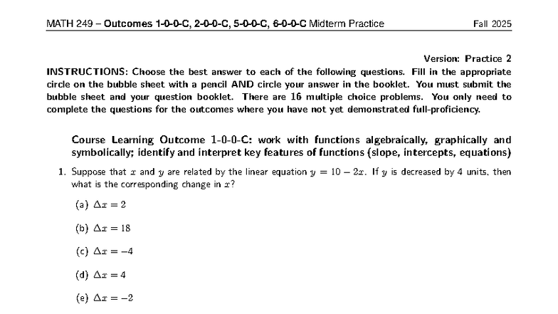 MATH 249 Midterm Practice Outcomes Fall 2025 - Version 2 - Studocu