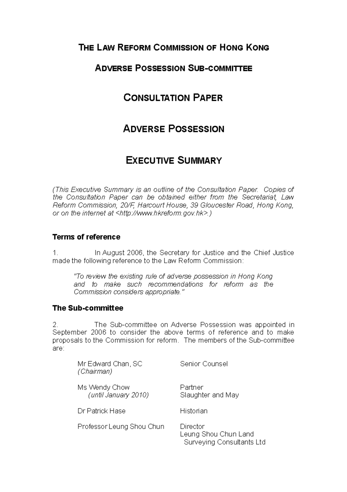 Adversepossession se - notes - THE LAW REFORM COMMISSION OF HONG KONG ...