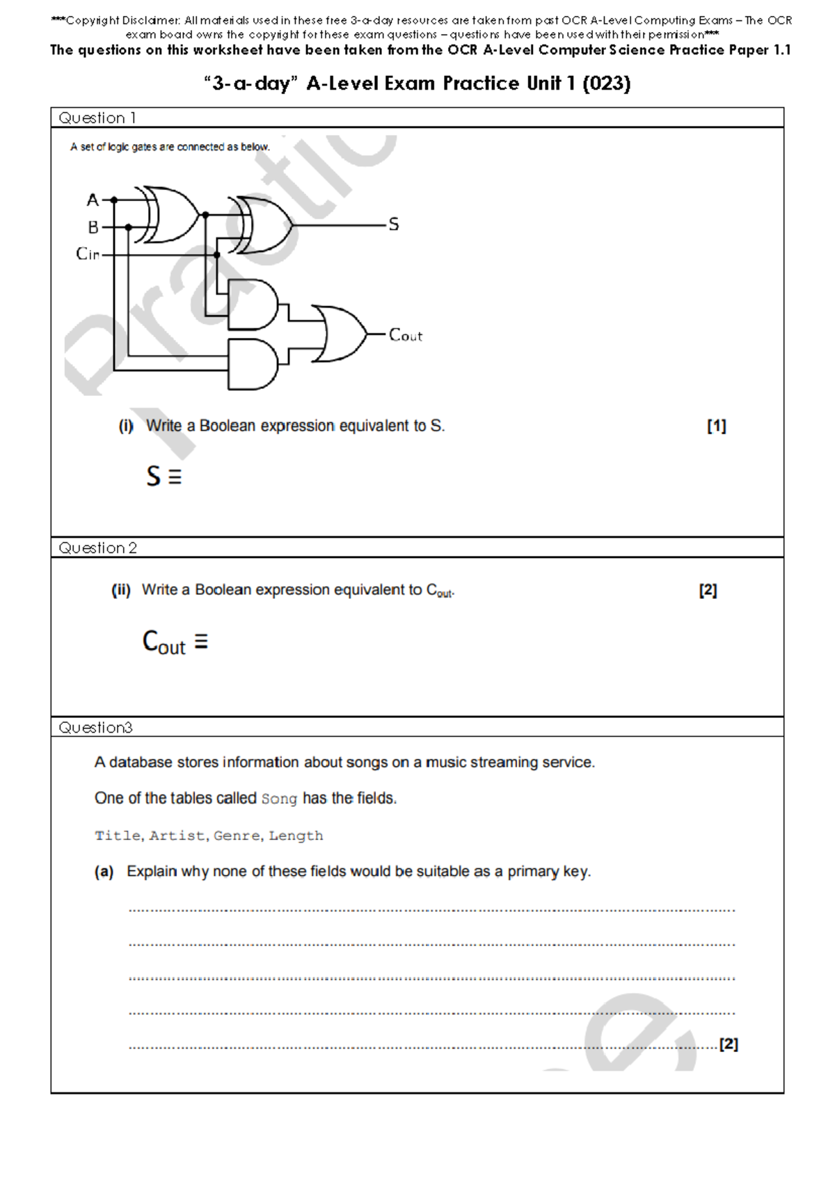 023 A-Level Computing U1: 3-a-Day Exam Practice Questions - Studocu