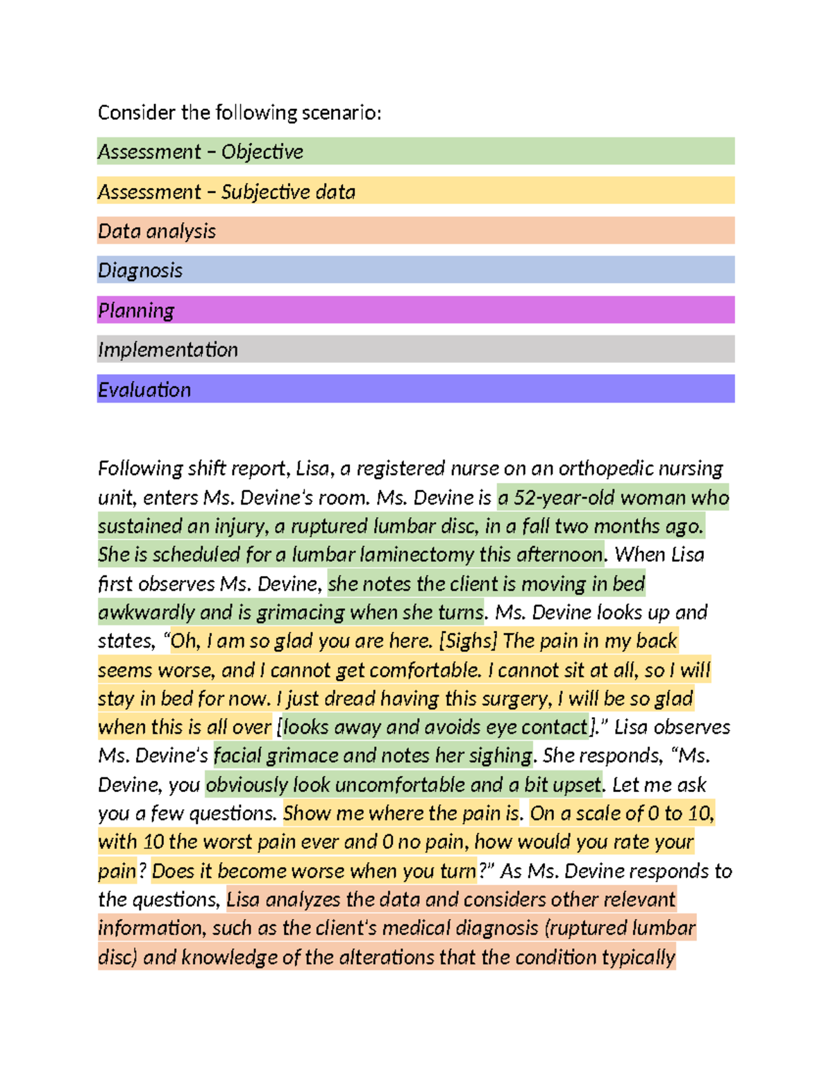 Care plan scenario - Color Key(1) - Consider the following scenario ...