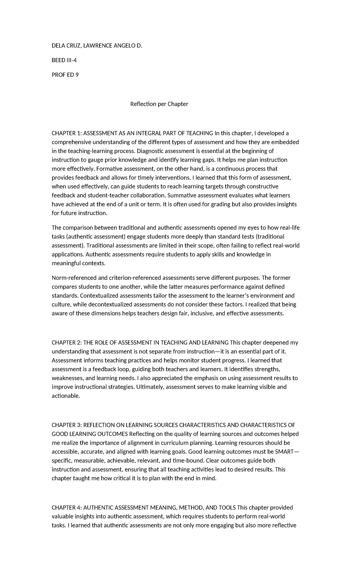 BEED PROF ED 9 Reflection on Assessment: Chapter Insights - Studocu