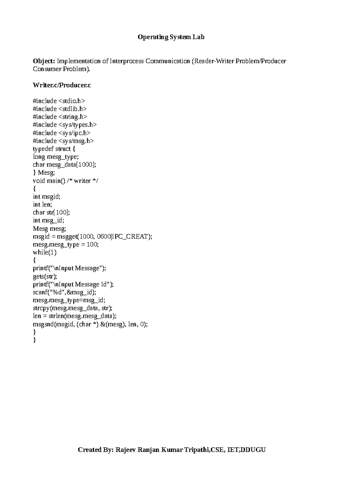 Opearting Lab - Operating System Lab Object: Implementation of ...
