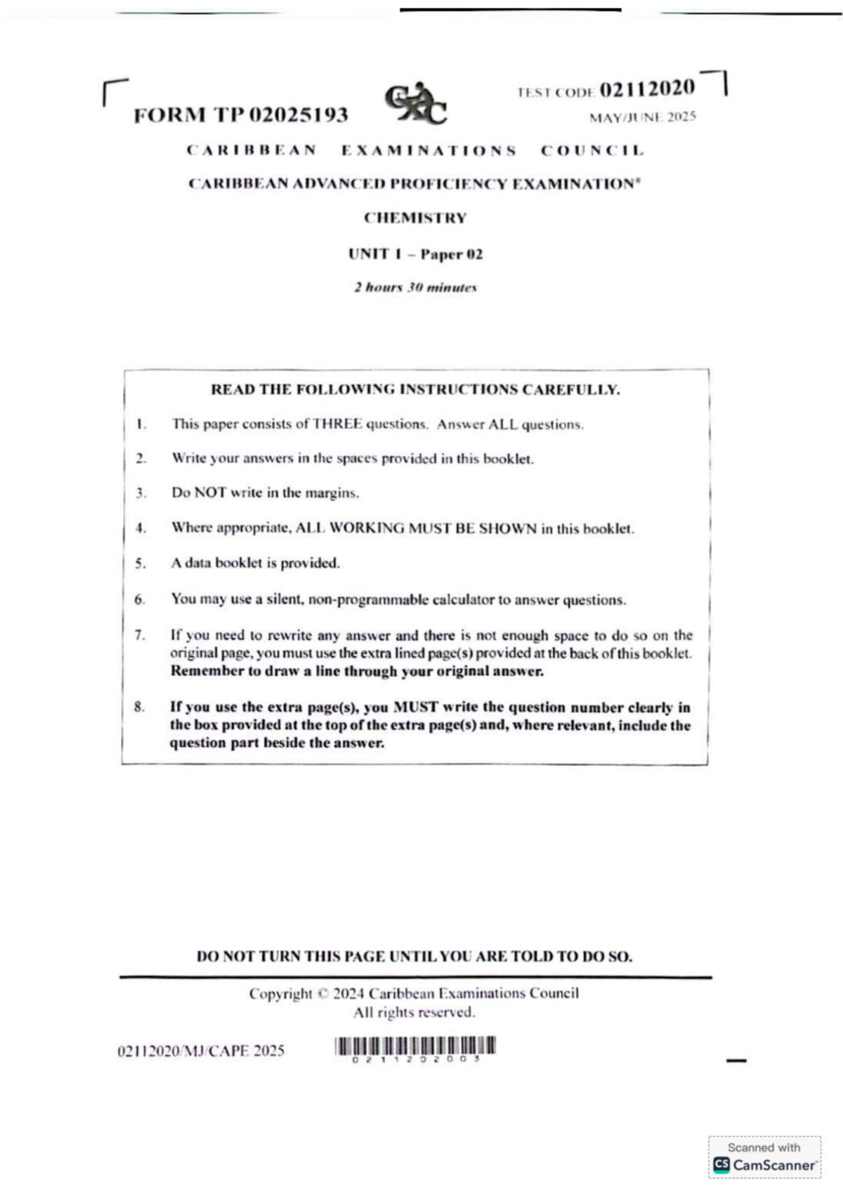 CAPE CHEM 2025 - Unit I Paper 02 Exam Instructions and Questions - Studocu