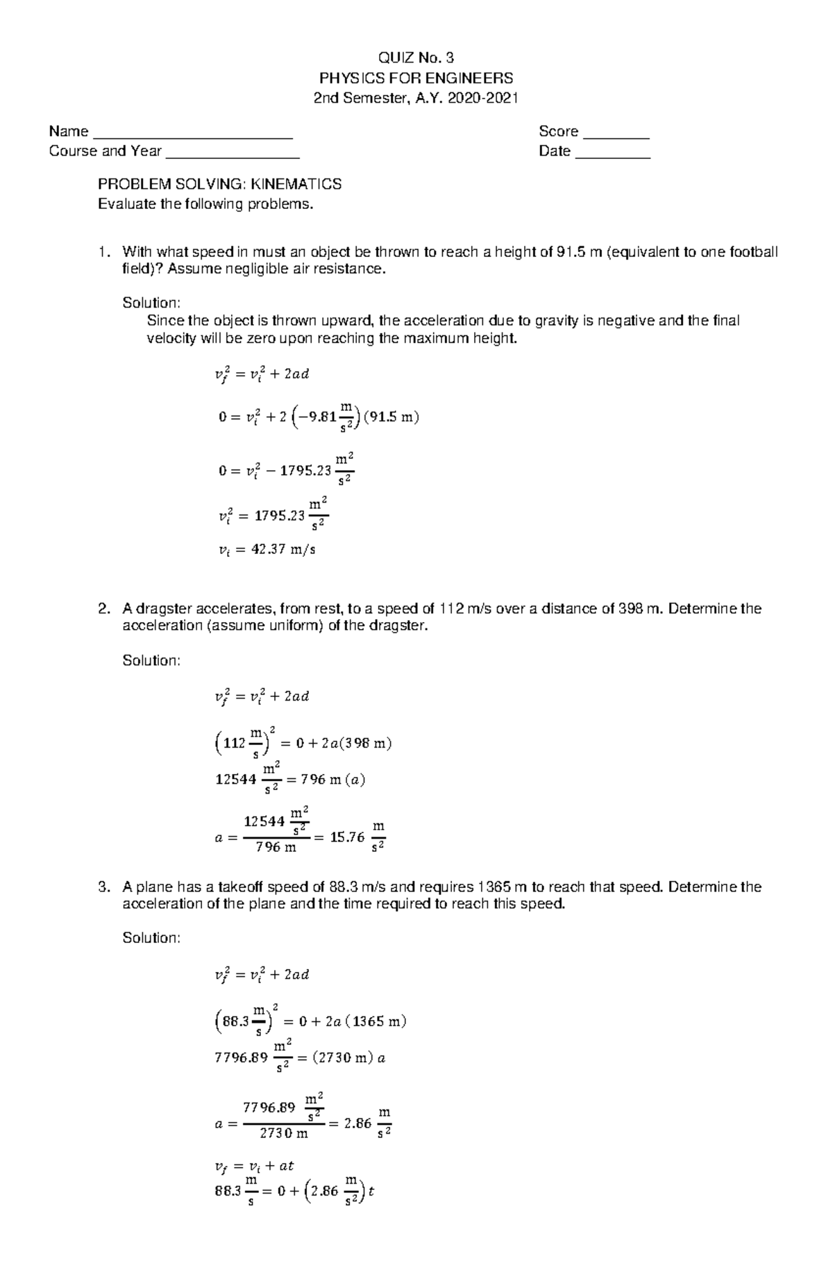 Quiz No. 3: Solved Kinematics and Dynamics Problems - PHYSICS 101 - Studocu