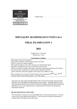 QCAA 2020 Mock Assessment: Specialist Mathematics Paper 1 MCQs - Studocu