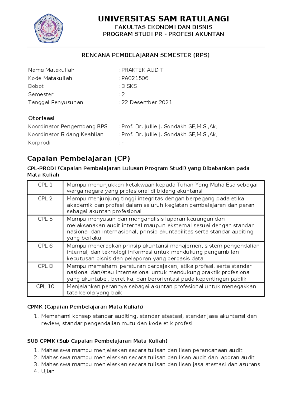 RPS PA021506: Praktek Audit Semester 2 - Universitas Sam Ratulangi ...