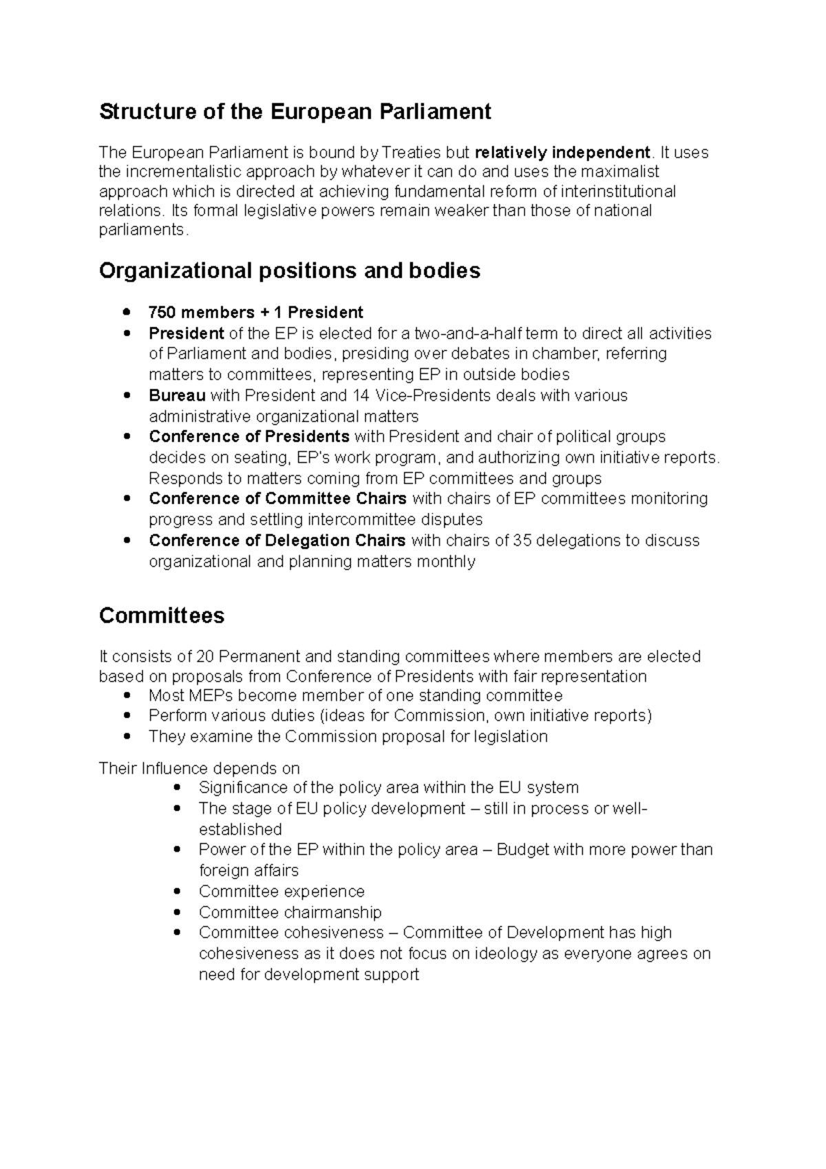 Summary of the Structure and Tasks of the European Parliament - Studeersnel