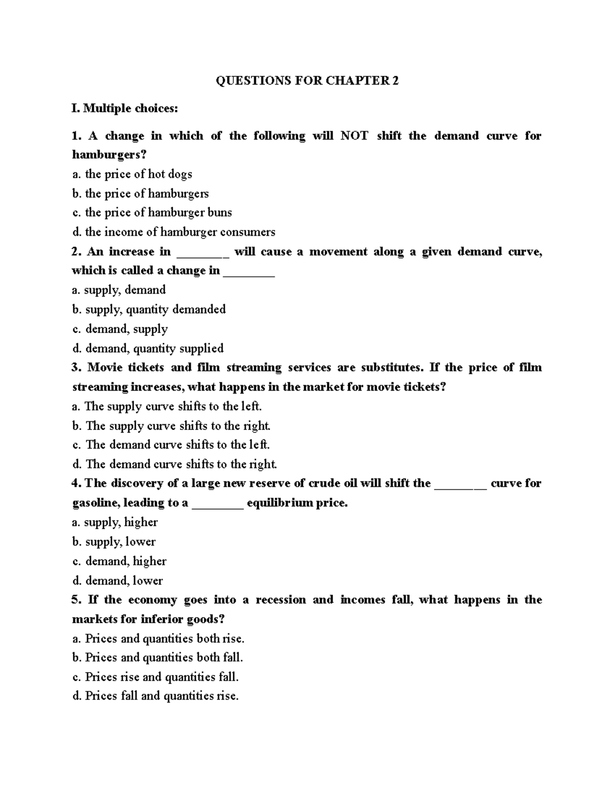 Questions for Chapter 2: Demand and Supply Analysis - Studocu