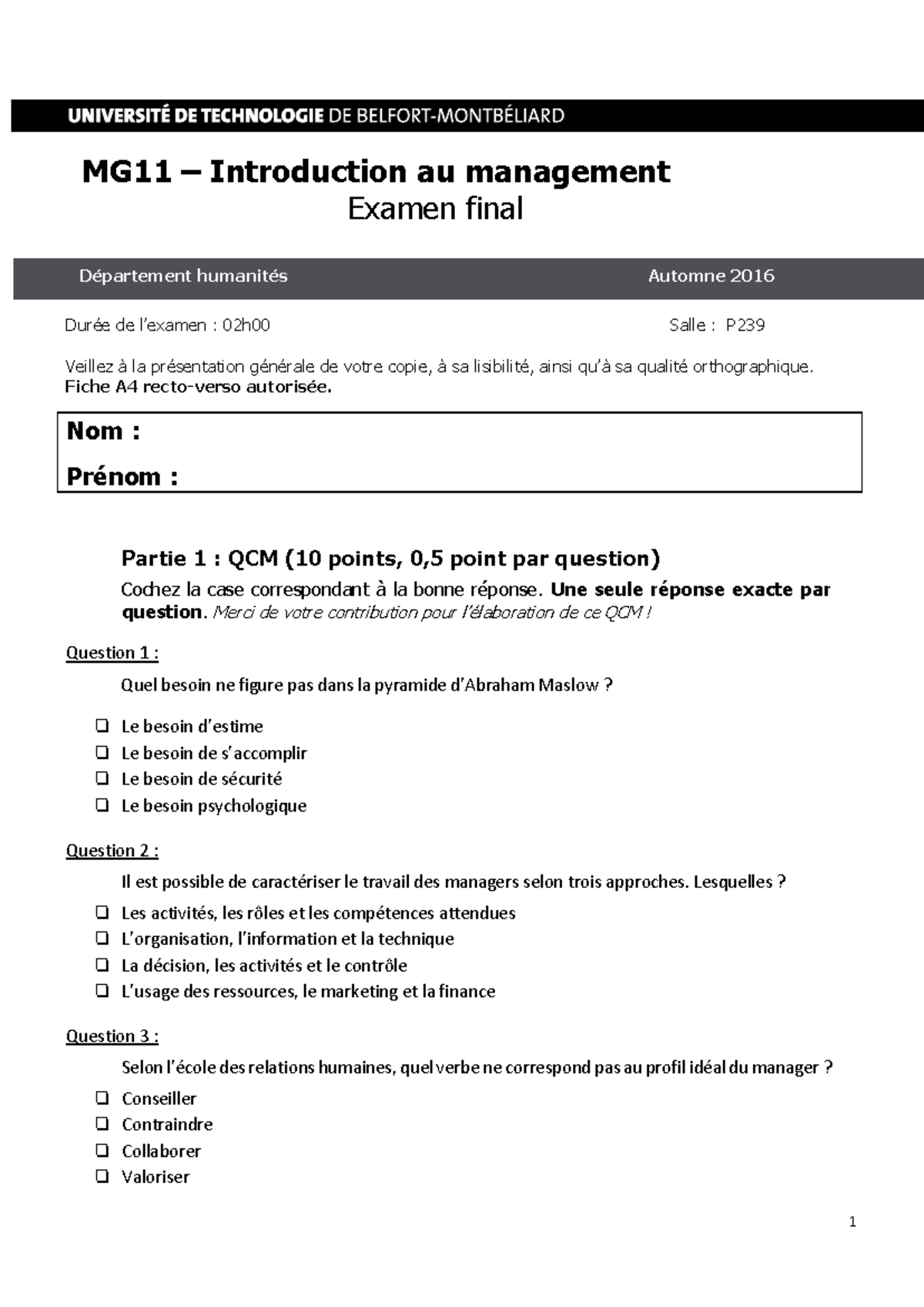 MG11 Introduction au Management - Examen Final 2016 QCM Type - Studocu