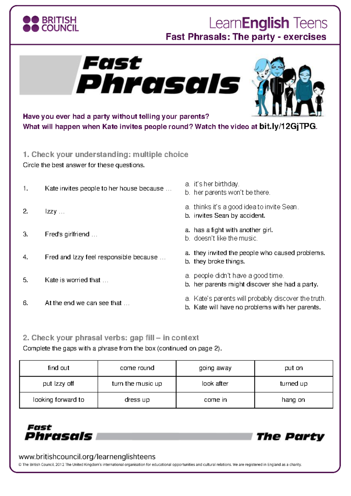 Ejercicios de Phrasal Verbs - Lección: The Party - Inglés Básico - Studocu