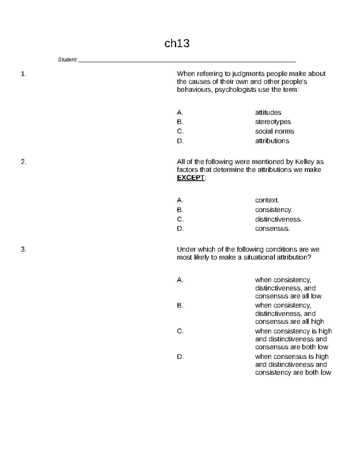 Psych 1000 - Chapter 13 Attribution and Behavior Test Bank - 2020 - Studocu