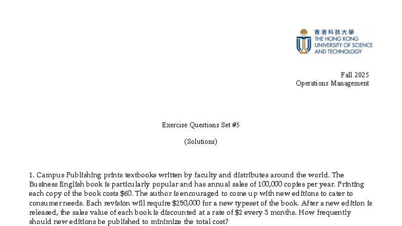ISOM2700 Fall 2025 Operations Management Exercise 5 Solutions - Studocu