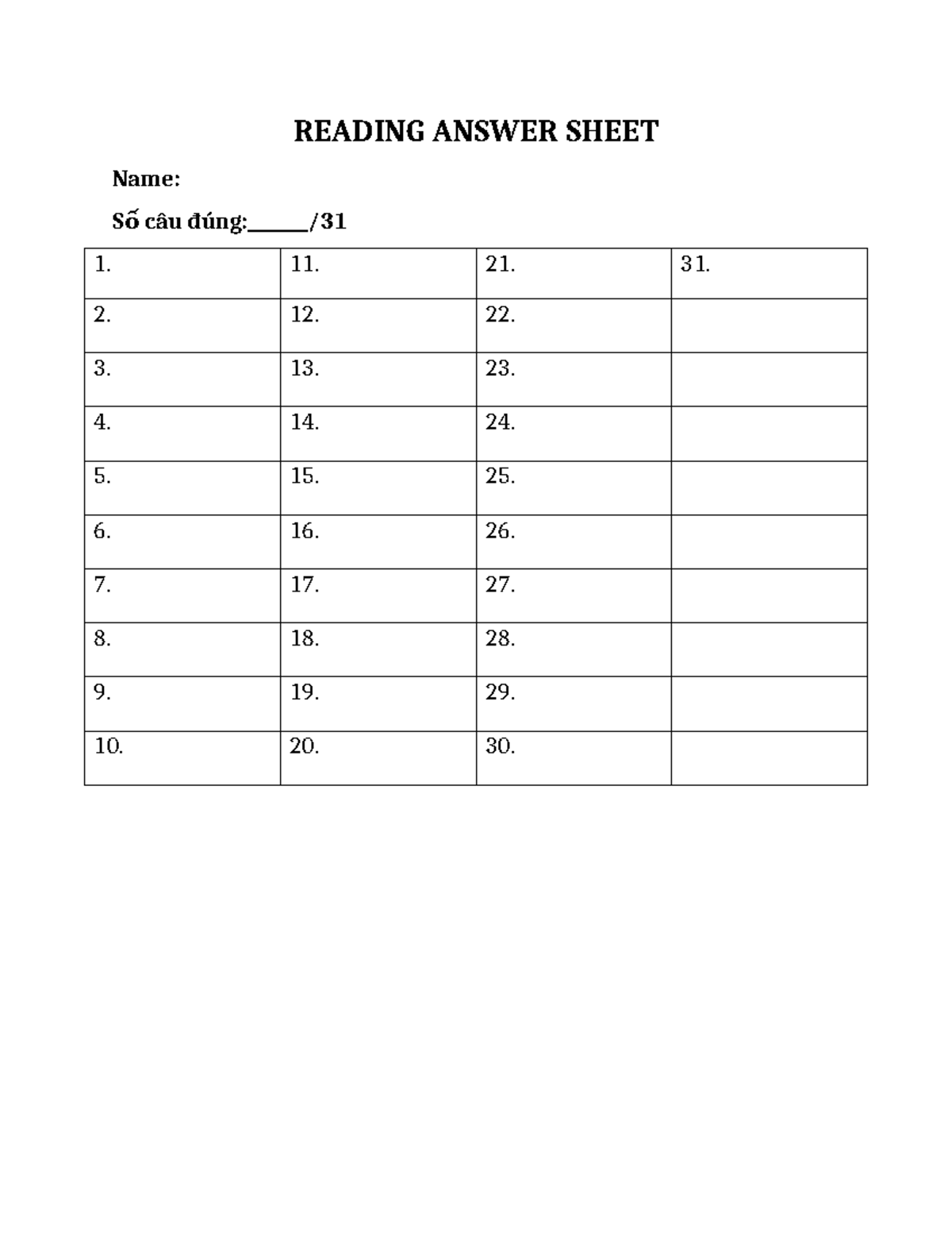 Reading Answer Sheet - Báhh - nghiệp vụ sư phạm - READING ANSWER SHEET ...