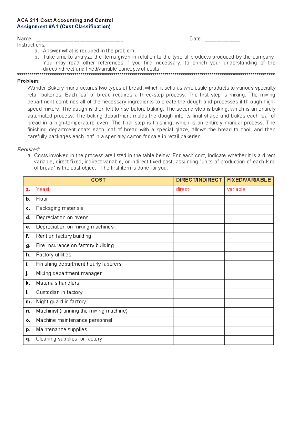 ACA 211 Cost Accounting Assignment #A1: Cost Classification Analysis ...