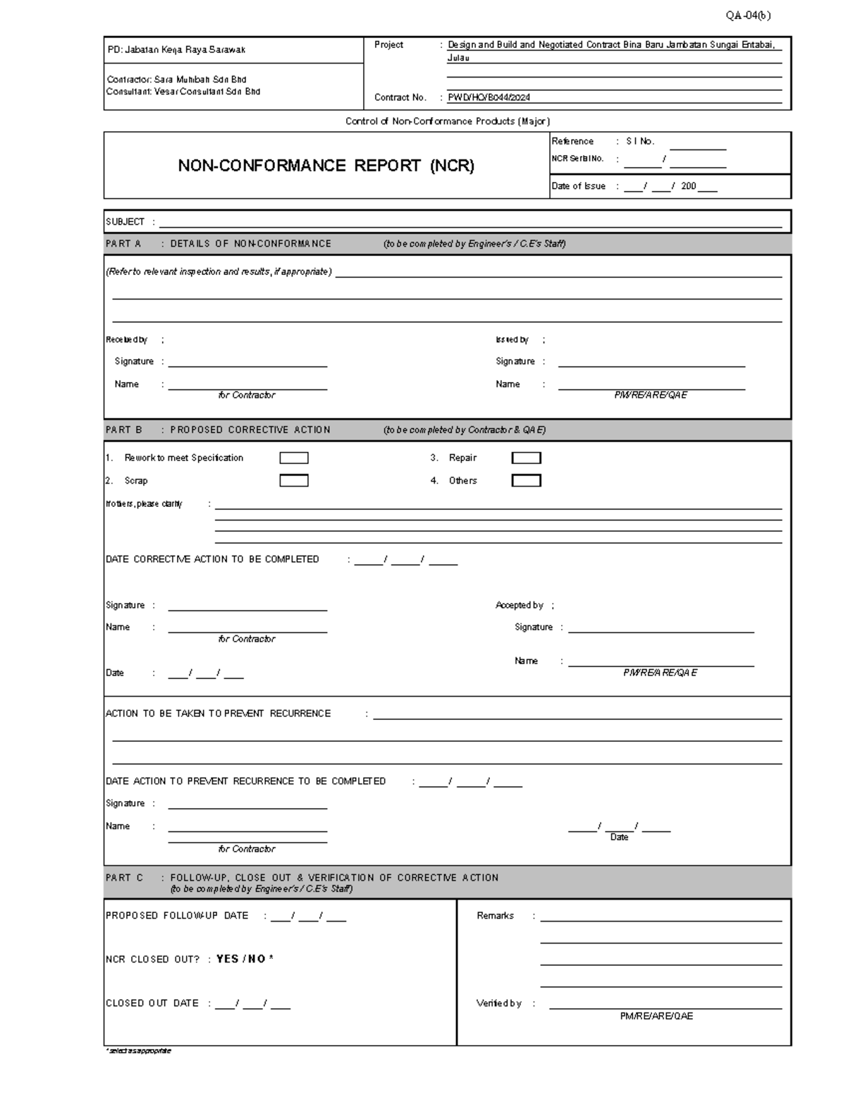 Non-Conformance Report (NCR) for Project Bina Baru Jambatan Sungai ...