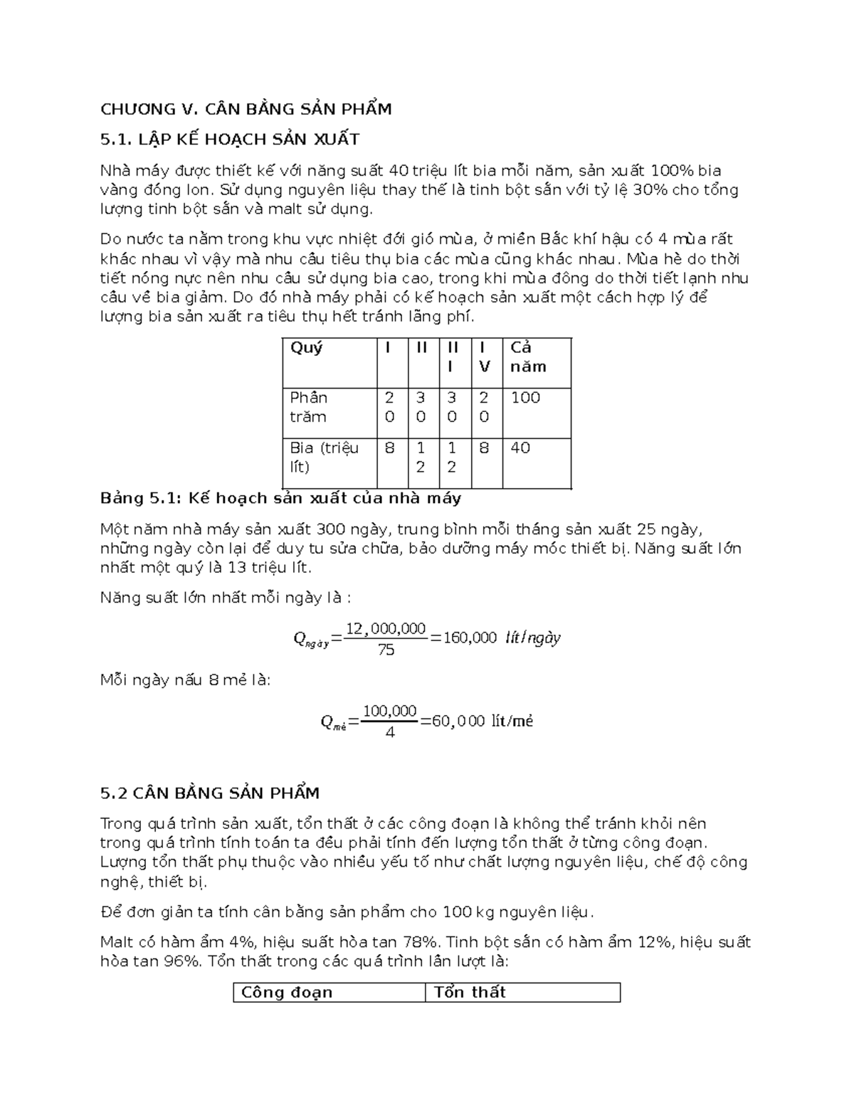CHƯƠNG V. KẾ HOẠCH SẢN XUẤT VÀ CÂN BẰNG SẢN PHẨM BIA - Document Preview