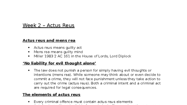 Week 2: Actus Reus & Mens Rea Overview for Law Students - Studocu