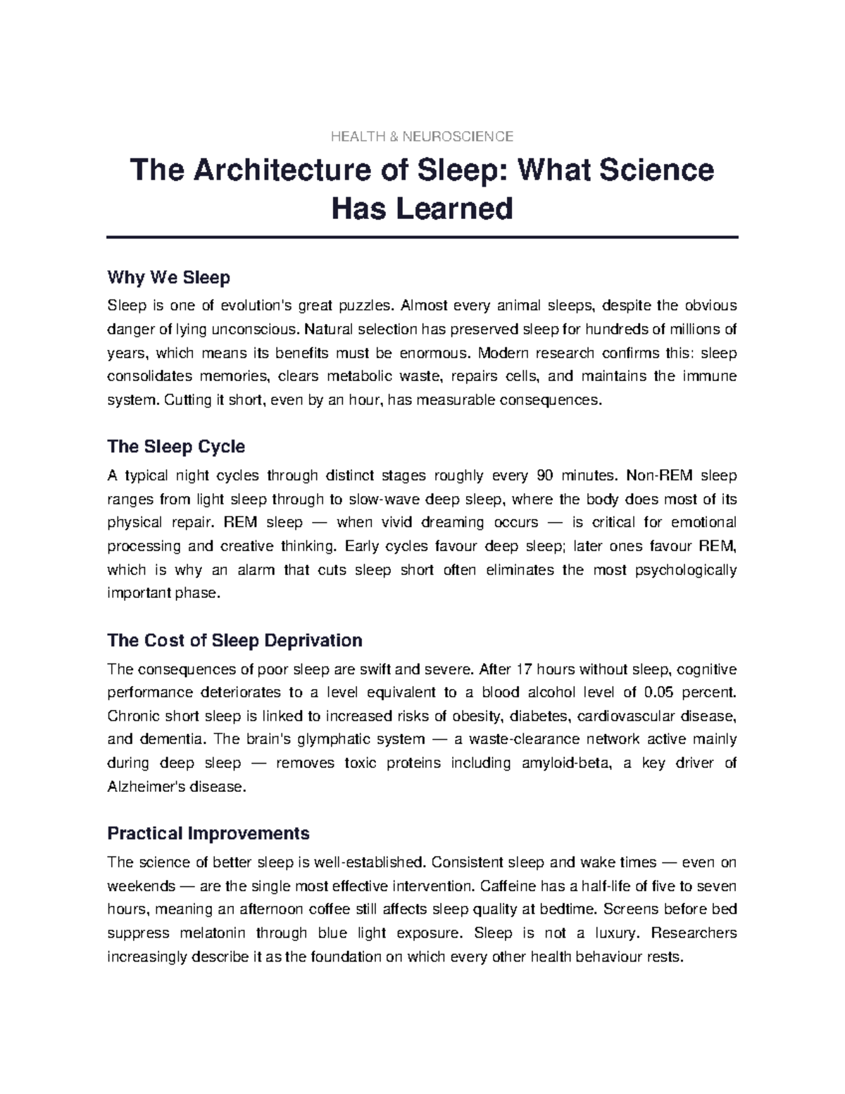 HEALTH NEUROSCIENCE: The Science of Sleep and Its Importance - Studocu