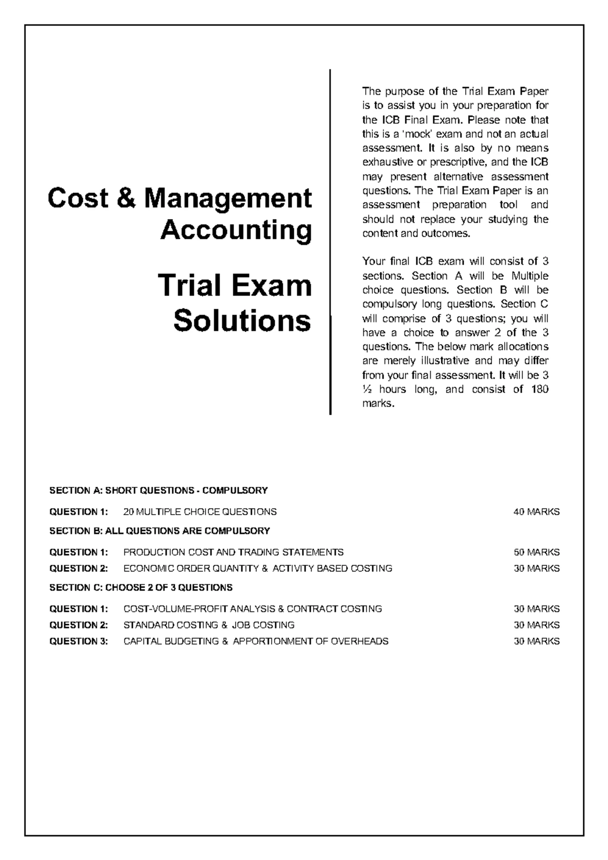 TPQ2 - Cost Management Accounting ICB Final Exam Trial Paper - Studocu