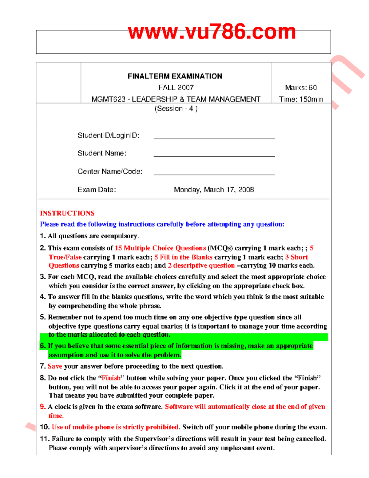 MGMT623 Final Term 1 - Importance Notes for Leadership & Team ...