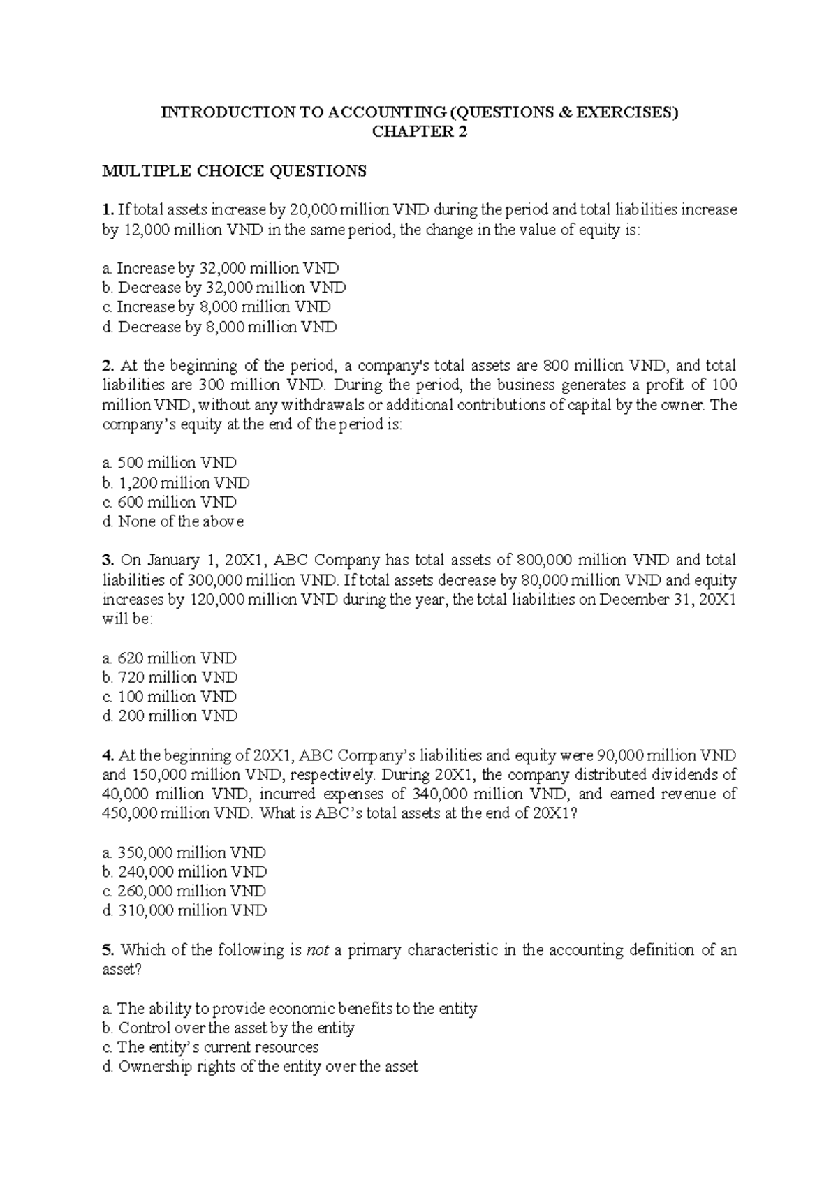 INTRODUCTION TO ACCOUNTING (ACC101) CHAPTER 2 MULTIPLE CHOICE QUESTIONS ...