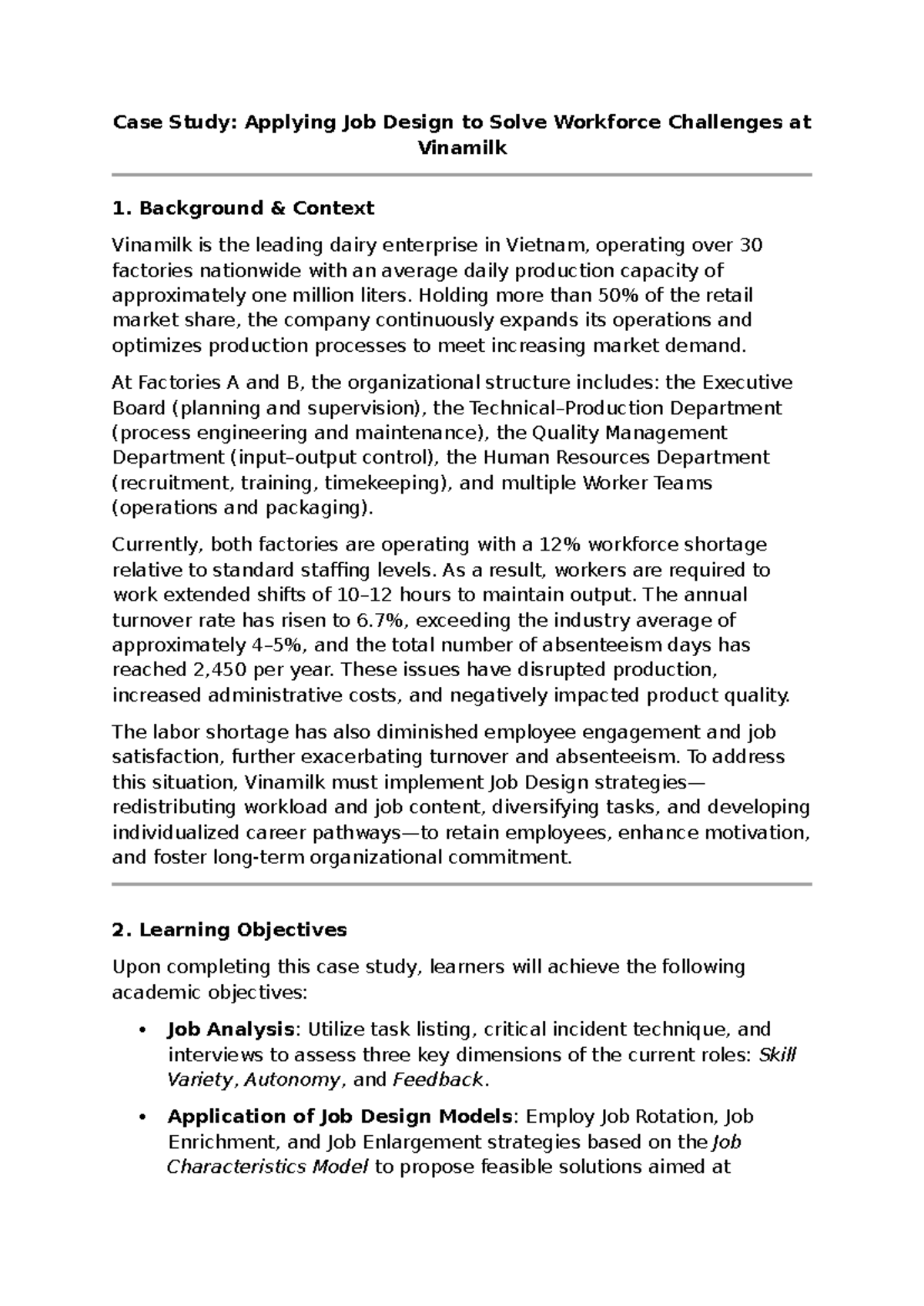 Case Study: Job Design Solutions for Workforce Issues at Vinamilk - Studocu
