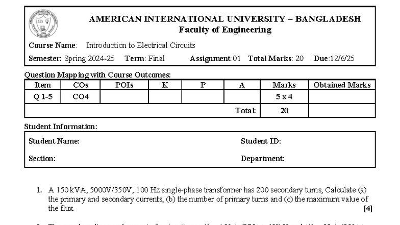 Final Assignment 1: Introduction to Electrical Circuits (IEC) - Studocu