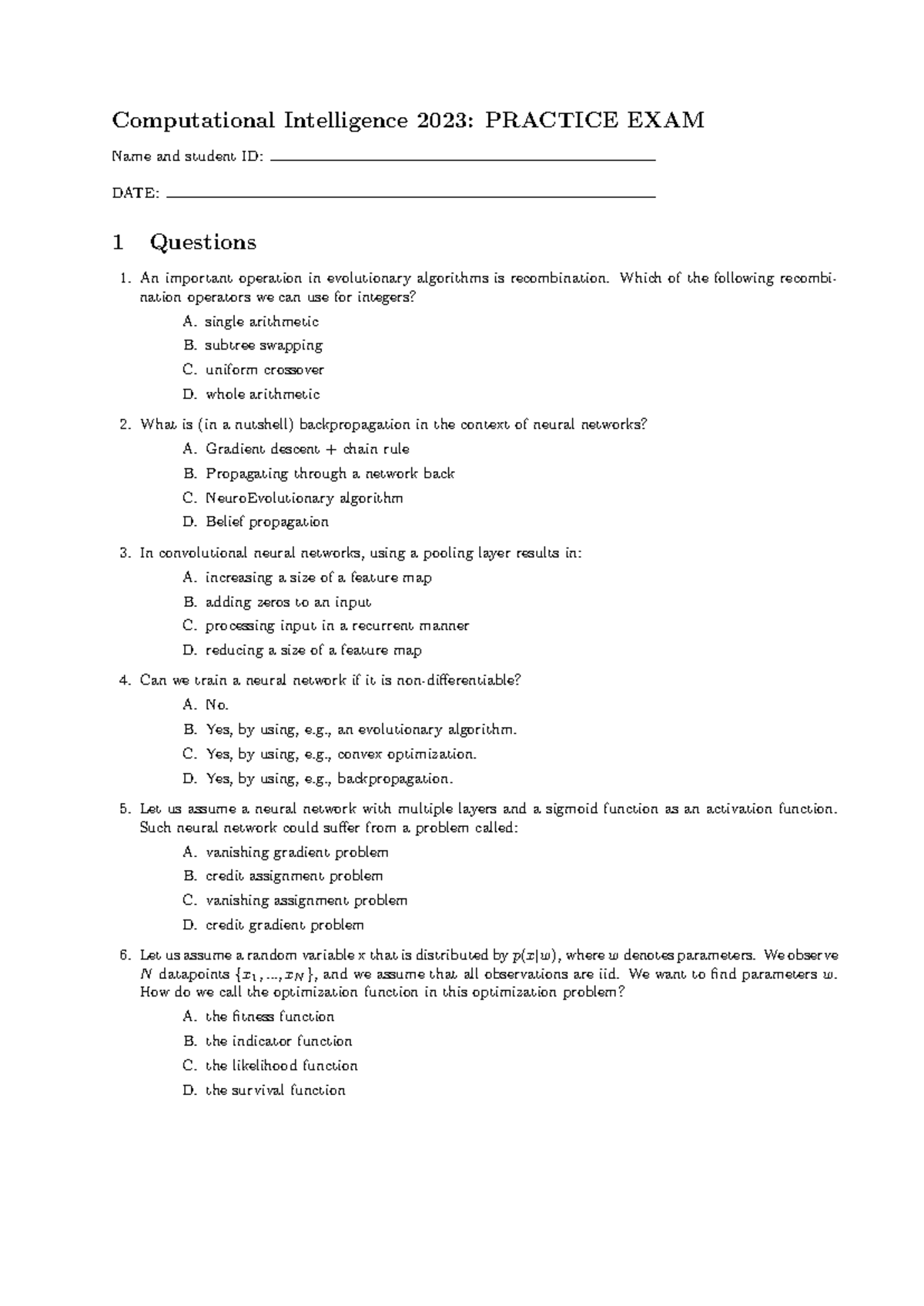 CI 2023 Practice Exam: Key Concepts in Computational Intelligence ...